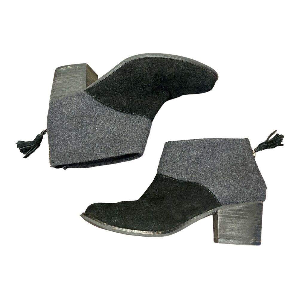 Toms Leila ankle booties black suede/gray wool block heels women’s size‎ 9.5
